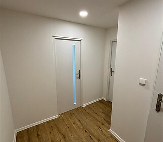 Chodba s dřevěnou podlahou, moderní dveře s prosklením, světlé stěny a čistý design