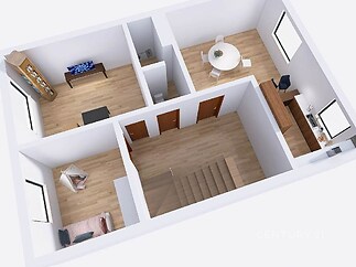 Vizualizace bytu s parketovou podlahou, moderní kuchyň s vestavěnými skříněmi, velká okna v obývacím pokoji a světlá jídelní část.