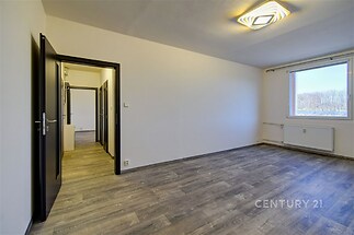 Světlý obývací pokoj, vinylová podlaha, velké okno, moderní osvětlení, nově zrekonstruovaný interiér