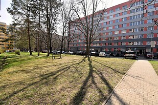 Parková plocha před moderním bytovým domem, zrekonstruovaný exteriér se světlými detaily, velká parková zóna a přilehlé zelené trávníky.