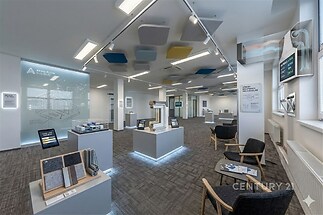 Světlá kancelář s moderním designem, velká okna, kvalitní koberec, inovativní osvětlení a otevřený prostor pro prezentace.