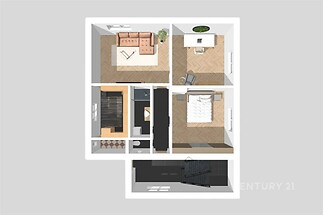 Bytový půdorys s moderním obývacím pokojem, parketovou podlahou a velkými okny; vedle prostorná ložnice a stylová kuchyň.