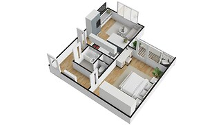 3D model bytu s parketovou podlahou, moderní kuchyní a světlou ložnicí. Prostorný obývací pokoj s velkými okny a minimalistickým designem.