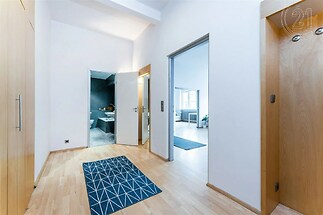hala-chodba s přirozené světlo, trámový strop, a dřevěná podlaha