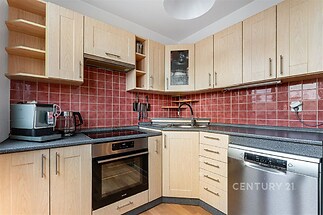 Moderní kuchyň s dřevěnými skříňkami, červenými obklady a vestavěnou myčkou, má parketovou podlahu a spotřebiče z nerezu.