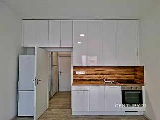 Malá moderní kuchyň s bílými skříněmi, dřevěným obkladem a vestavěnými spotřebiči, stylová dlažba a čistý design