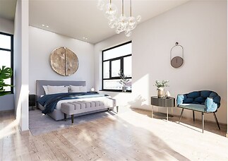 Světlá ložnice, dřevěná podlaha, velká okna, moderní design, vkusné dekorace, stylové osvětlení, prostorný interiér