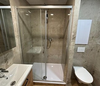 Moderní koupelna s parketovou podlahou, sprchovým koutem a závěsnou toaletou, která vytváří elegantní a funkční prostor