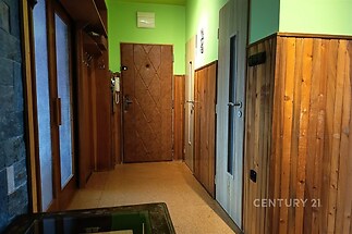Chodba se dřevěným obložením, moderními dveřmi a praktickou podlahou. Nabízí úložný prostor a světlé stěny pro příjemný vstupní prostor.