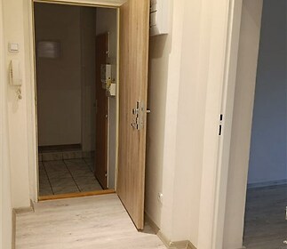 Vstupní hala s parketovou podlahou, světlá výmalba a moderní dveře, ideální prostor pro vestavěné skříně a optimalizaci úložného prostoru.