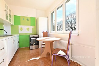 Kuchyň s parketovou podlahou, velká okna poskytují dostatek světla, moderní úprava stěn v zelené barvě, ideální pro útulné bydlení.