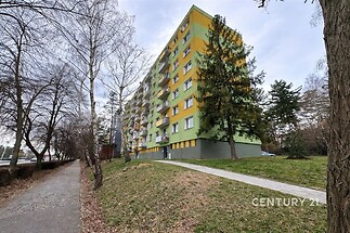 Výškový bytový dům se svěží zeleno-žlutou fasádou, situovaný v klidné části s dostatkem okolní zeleně a upravenou pěší cestou.