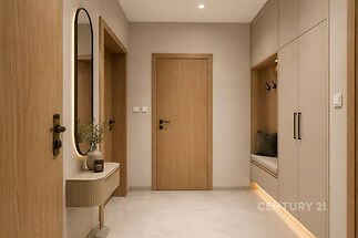 Vstupní hala s dlažbou, vestavěnými skříněmi a moderním dřevěným nábytkem, světlé odstíny a elegantní design pro útulnou atmosféru.