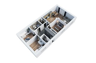 3D půdorys bytu s parketovou podlahou, moderní kuchyní a prostorným obývacím pokojem, světlý interiér s vestavěnými skříněmi