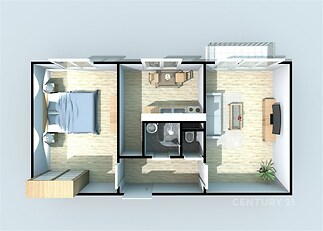 Půdorys bytu s parketovou podlahou nabízí světlý obývací pokoj s velkými okny, moderní kuchyň a ložnici s vestavěnými skříněmi.