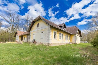 Venkovský dům s šindelovou střechou, rekonstruce nutná, kamenné zdivo a dřevěné detaily, obklopený přírodou a zelenými loukami.