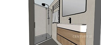 Moderní koupelna s prostorným sprchovým koutem, dřevěným umyvadlovým pultem a velkým zrcadlem, světlé a stylové provedení.