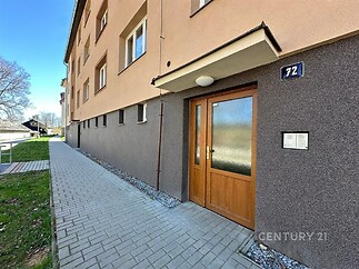 Vstup do bytového domu s moderní fasádou, dřevěnými dveřmi a dlažbou na chodníku, dobře udržovaný a renovovaný exteriér.