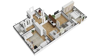 3D půdorys bytu ukazuje moderní interiér s parketovou podlahou, světlý obývací pokoj s velkými okny, ložnici a kuchyň s vestavěnými spotřebiči.