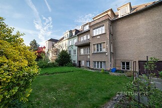 Zahrada přiléhající k řadovým domům s udržovaným trávníkem, keři a dlážděnou cestičkou, slunečné a klidné prostředí v oblíbené lokalitě.