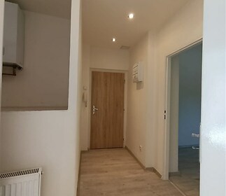 Světlá vstupní chodba, moderní parketová podlaha, dřevěné dveře, rekonstruovaný interiér, bílý nátěr stěn, vestavěné osvětlení.