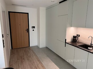 Vstupní hala s moderní kuchyňskou linkou, parketová podlaha, vestavěné skříně a světlé povrchy vytvářejí stylový a funkční prostor.