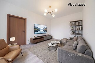 Světlý obývací pokoj s moderní pohovkou, parketovou podlahou a velkou televizí. Elegantní osvětlení a minimalistický design doplňují prostor.