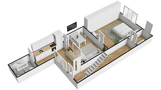 3D půdorys bytu s moderní kuchyní, světlým obývacím pokojem s parketovou podlahou, prostornou ložnicí a vestavěnými skříněmi