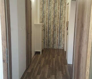 Úzká vstupní chodba s dřevěnou podlahou, moderní styl, světlé stěny s výraznou tapetou, vestavěná skříň a jednoduchý design.