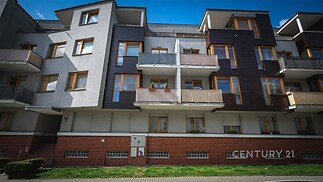 Exteriér moderního bytového domu se světlou fasádou a tmavými akcenty, plastová okna s parapety, balkony s kovovým zábradlím, udržovaná předzahrádka.