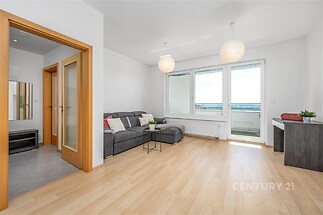 Světlý obývací pokoj, laminátová podlaha, velká okna, moderní styl, výhled na terasu.