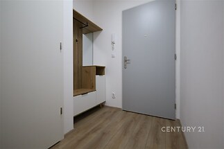 Vstupní hala s dřevěnou podlahou, vestavěnými skříněmi a moderním designem, poskytuje praktický a elegantní prostor pro uskladnění.