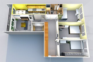 Půdorys bytu se světlou kuchyní, moderní vybavení, vestavěné skříně, prostorná ložnice, parketová podlaha, dobře využitý prostor.