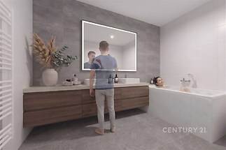 Moderní koupelna s dlažbou, velkým zrcadlem a dřevěnou skříňkou, vanou a elegantním designem nabízí komfortní prostředí.