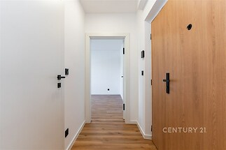 Světlá chodba s dřevěnou podlahou, moderními dveřmi a světlými stěnami, vytváří elegantní vstupní prostor v rekonstruovaném bytě.