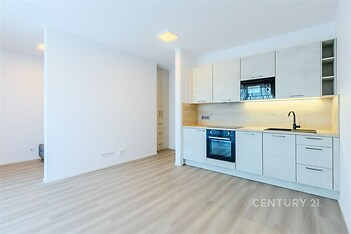 Moderní kuchyň s parketovou podlahou, světlým minimalistickým designem, vestavěnými skříněmi a moderními spotřebiči.