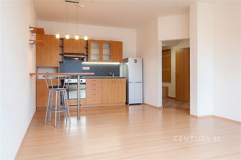 Moderní kuchyň s dřevěnými skříňkami, parketovou podlahou a vestavěnými spotřebiči. Světlý otevřený prostor s moderním designem.