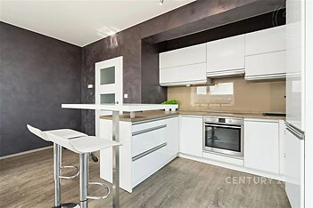 kuchyně s trouba, dřevěná podlaha, a bílé skříně