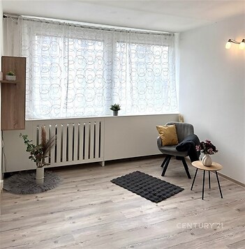 Světlý obývací pokoj s parketovou podlahou, velká okna s moderními závěsy, minimalistický styl, dekorativní rostliny, rekonstrukce.