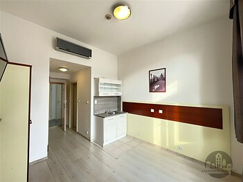 Kompaktní kuchyňský kout s moderními spotřebiči, světlá plovoucí podlaha a vestavěná klimatizace poskytují pohodlí v moderním bytě.