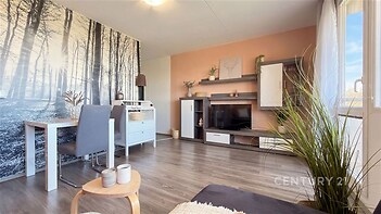 Světlý obývací pokoj s moderními dekoracemi, plovoucí podlaha, velká okna, designový nábytek, svěží interiér.