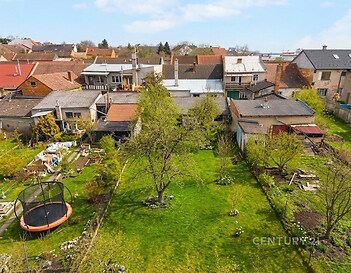 Rozlehlá zahrada s trampolínou a ovocným stromem, obklopená původními venkovskými domy, udržovaná travnatá plocha, klidná lokalita.