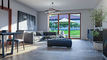 Světlý obývací pokoj s moderním nábytkem, parketovou podlahou a velkými okny s výhledem na zahradu, dodávající prostoru svěžest a eleganci.