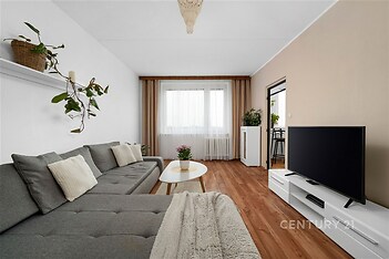 Světlý obývací pokoj s parketovou podlahou, velká okna s bílými závěsy, moderní šedá pohovka a závěsná dekorace na stěně.