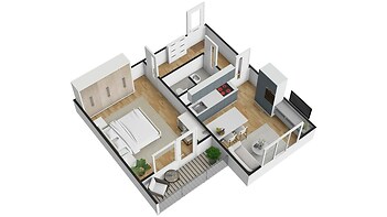 3D půdorys bytu s parketovou podlahou, světlou ložnicí s vestavěnými skříněmi, moderní kuchyní a obývacím pokojem propojeným s balkónem.