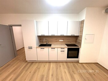Moderní kuchyň s parketovou podlahou, světlými bílými skříňkami a dřevěným obkladem, vestavěné spotřebiče, minimalistický design.