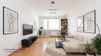 Světlý obývací pokoj s dřevěnou podlahou, moderní nábytkem a velkými okny nabízí elegantní a svěží atmosféru.