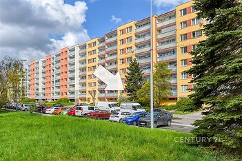 Panelový bytový dům s moderní fasádou, dobře udržovaný obklopený zelení, v klidné lokalitě, s parkovacími místy před domem.