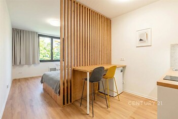 Kompaktní studio s parketovou podlahou a dřevěnou příčkou, moderně zařízené s velkým oknem a světlým interiérem.