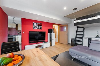 Obývací pokoj s moderním nábytkem, parketovou podlahou a zvýšeným spacím prostorem. Velké okno poskytuje dostatek světla, svěží dekorace.